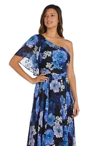 One Shoulder Flutter Sleeve Floral Print W Draped Bodice And Hanky Hem