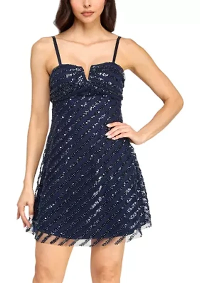 Women's Notch Front Embellished Sequin A-Line Dress