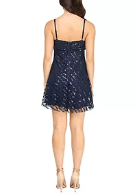 Women's Notch Front Embellished Sequin A-Line Dress