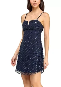 Women's Notch Front Embellished Sequin A-Line Dress