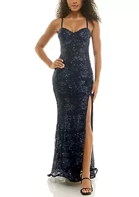 Juniors' Sequin Embroidered Lace Up Back Gown