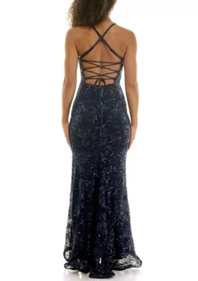 Juniors' Sequin Embroidered Lace Up Back Gown