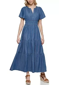 Women's Short Flare Sleeve Ruched Waist Tiered Maxi Dress