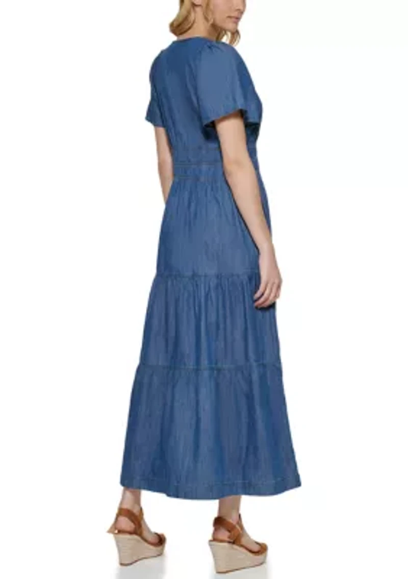 Women's Short Flare Sleeve Ruched Waist Tiered Maxi Dress