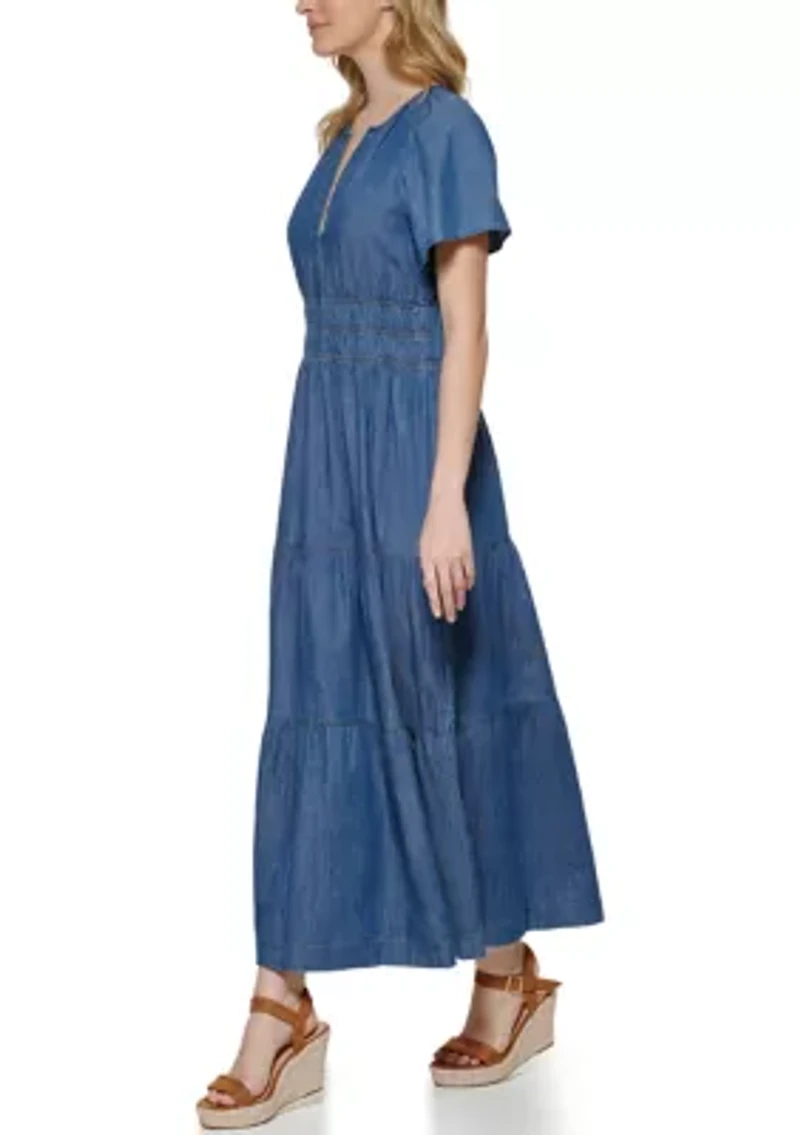 Women's Short Flare Sleeve Ruched Waist Tiered Maxi Dress