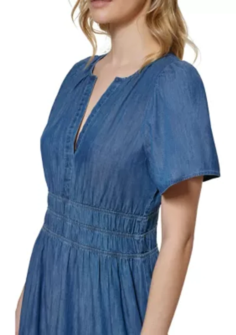 Women's Short Flare Sleeve Ruched Waist Tiered Maxi Dress