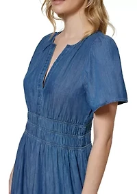 Women's Short Flare Sleeve Ruched Waist Tiered Maxi Dress