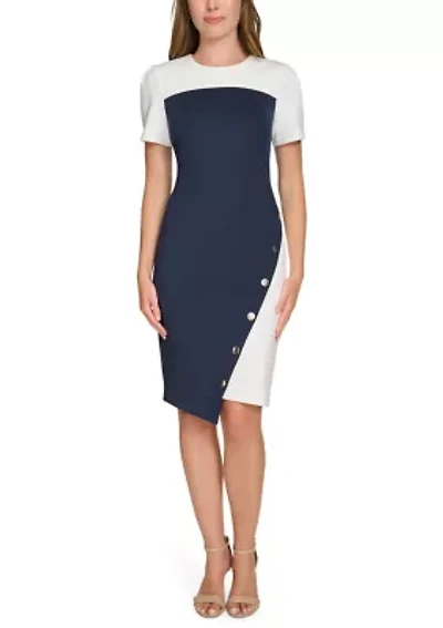 Women's Puff Sleeve Color Block Sheath Dress