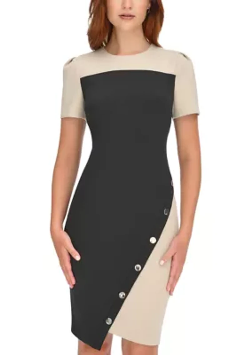 Women's Short Sleeve Asymmetric Studded Scuba Hem Sheath Dress
