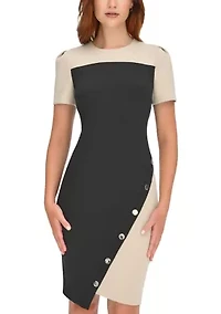 Women's Short Sleeve Asymmetric Studded Scuba Hem Sheath Dress