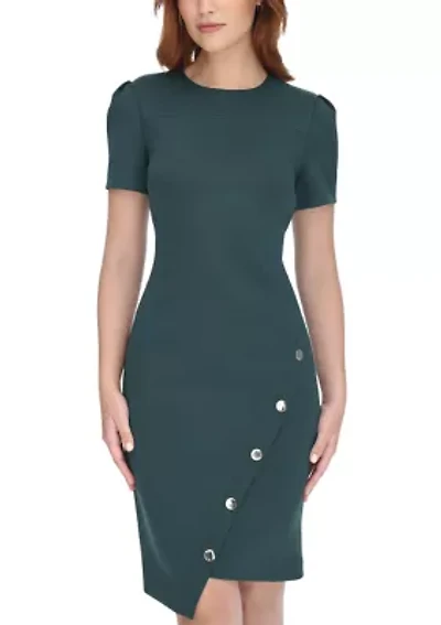 Women's Short Sleeve Asymmetric Studded Scuba Hem Sheath Dress