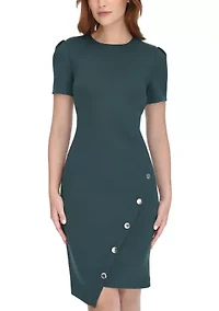 Women's Short Sleeve Asymmetric Studded Scuba Hem Sheath Dress