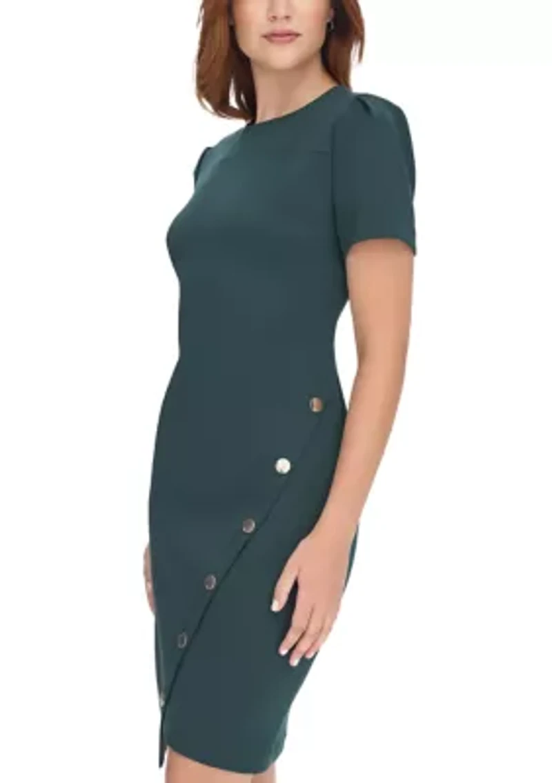 Women's Short Sleeve Asymmetric Studded Scuba Hem Sheath Dress