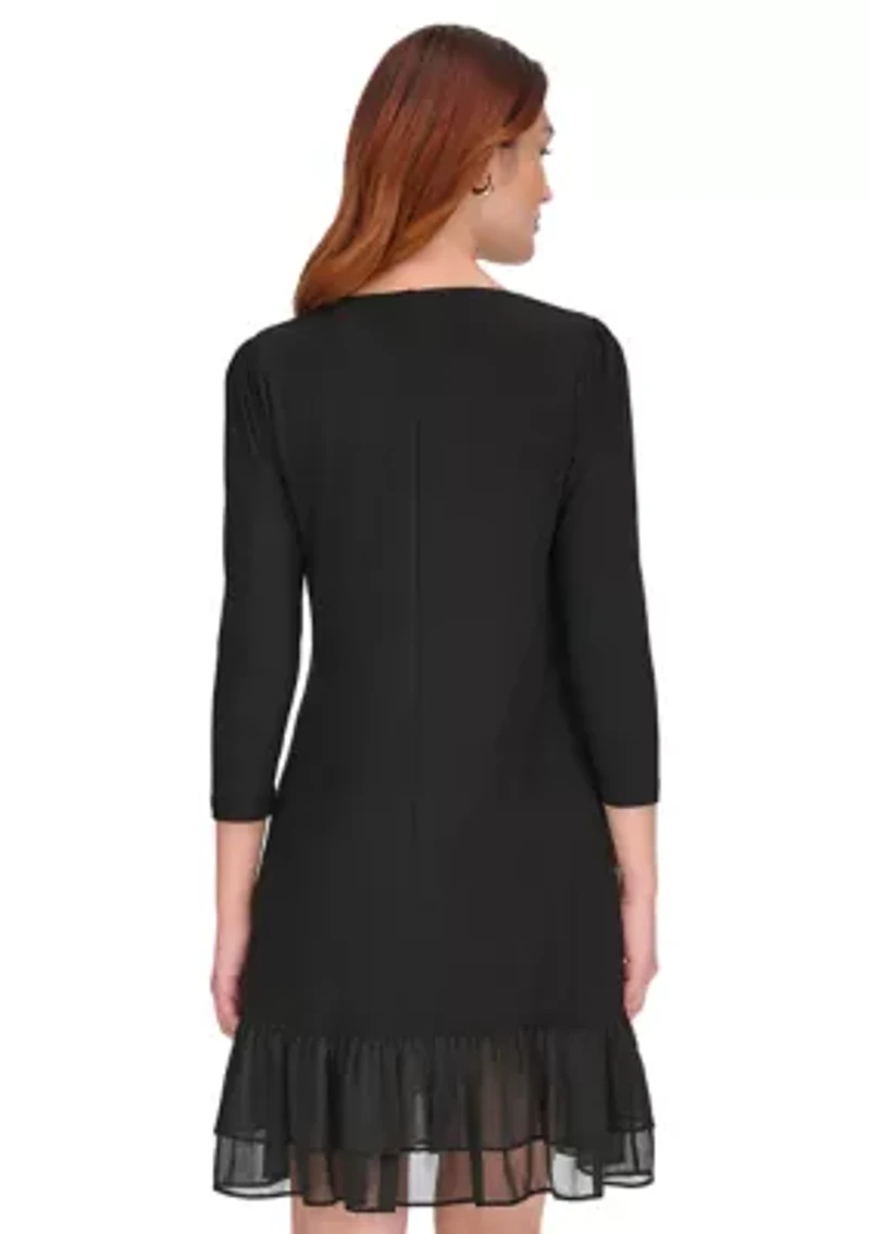 Women's 3/4 Sleeve Jersey Shift Dress with Chiffon Ruffle Hem