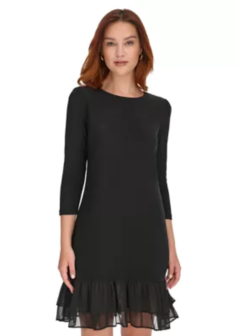Women's 3/4 Sleeve Jersey Shift Dress with Chiffon Ruffle Hem