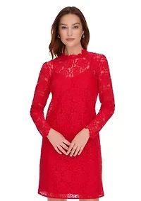 Women's Long Sleeve Smocked Neck Lace Shift Dress