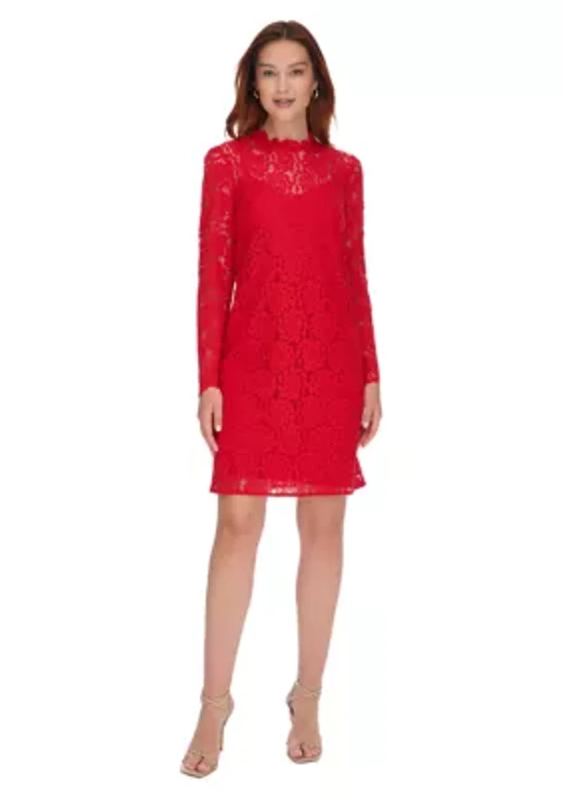 Women's Long Sleeve Smocked Neck Lace Shift Dress