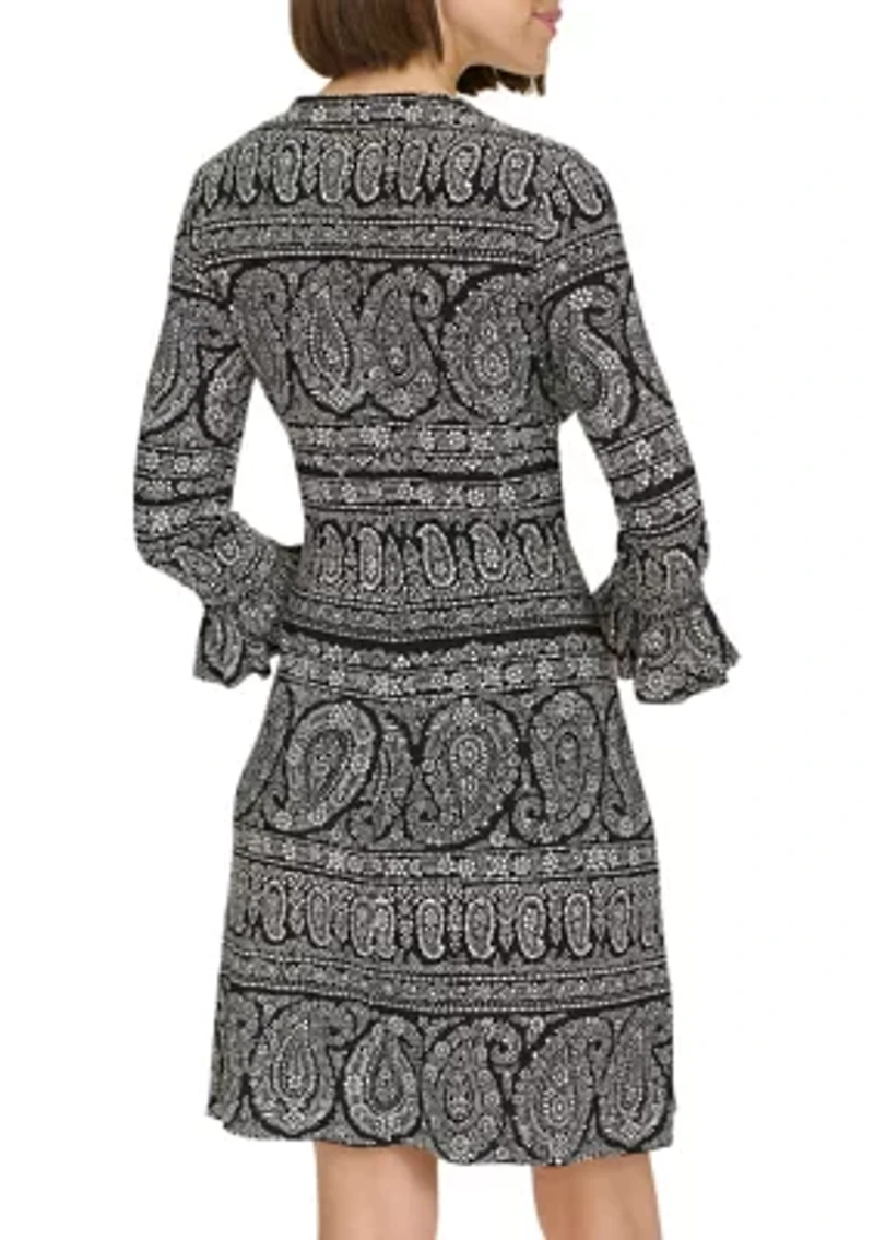 Women's 3/4 Sleeve Pleat Cuff Floral Paisley Shift Dress