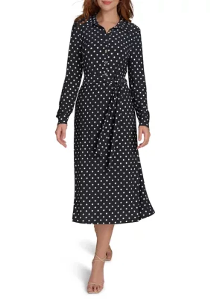 Women's Long Sleeve Self Tie Dot Jersey Shirtdress