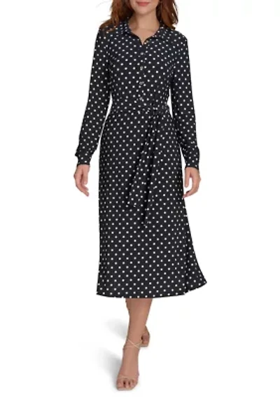 Women's Long Sleeve Self Tie Dot Jersey Shirtdress