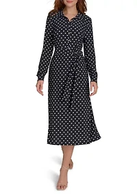 Women's Long Sleeve Self Tie Dot Jersey Shirtdress