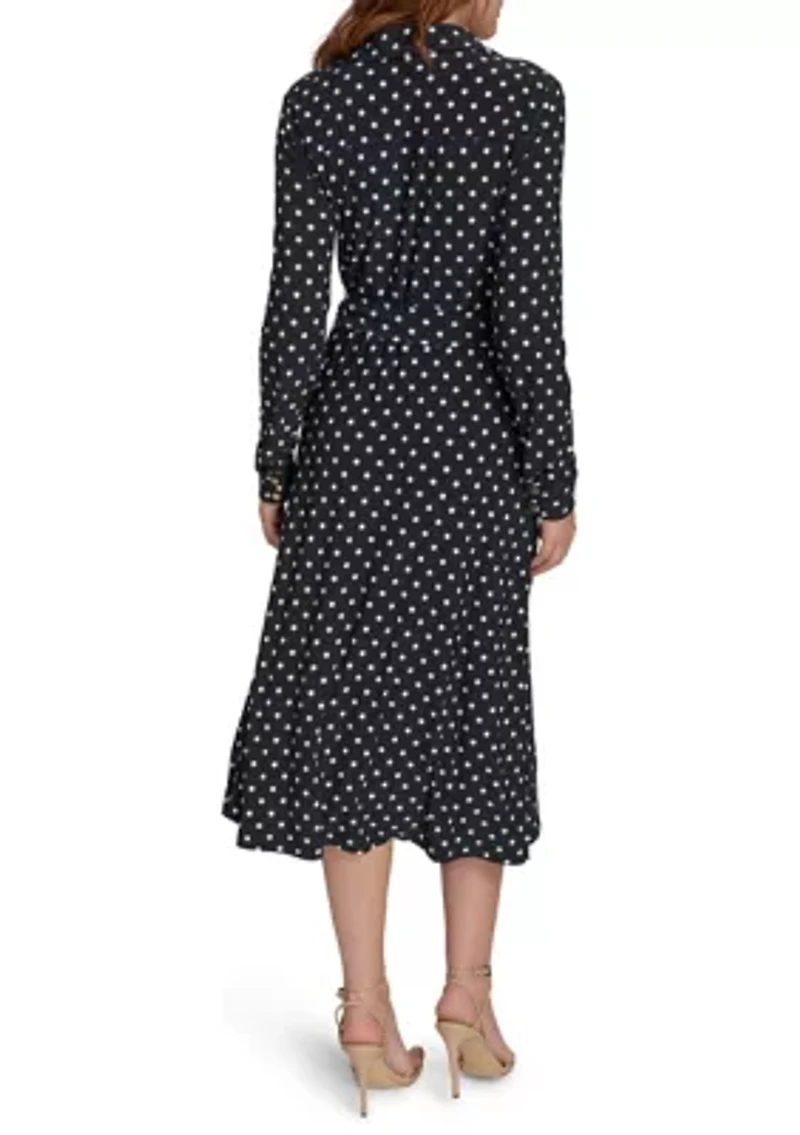 Women's Long Sleeve Self Tie Dot Jersey Shirtdress
