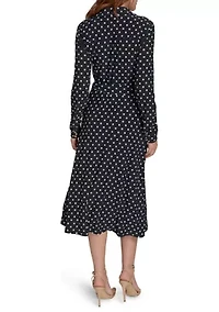 Women's Long Sleeve Self Tie Dot Jersey Shirtdress