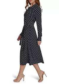 Women's Long Sleeve Self Tie Dot Jersey Shirtdress