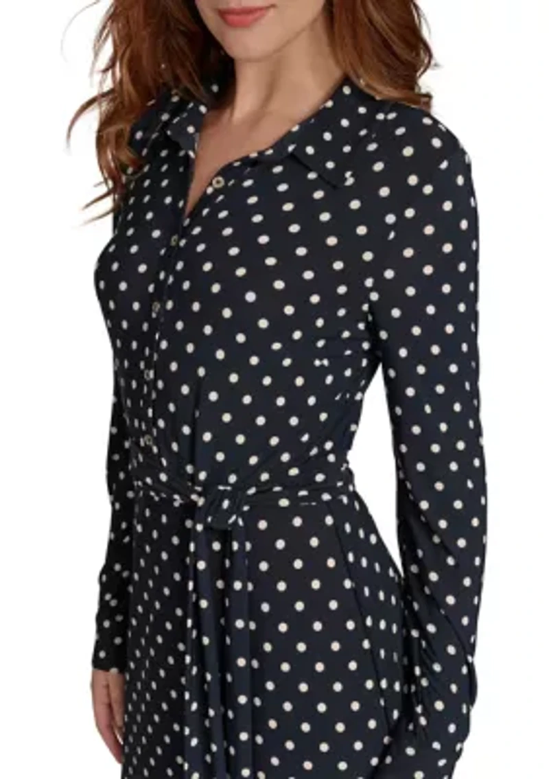 Women's Long Sleeve Self Tie Dot Jersey Shirtdress