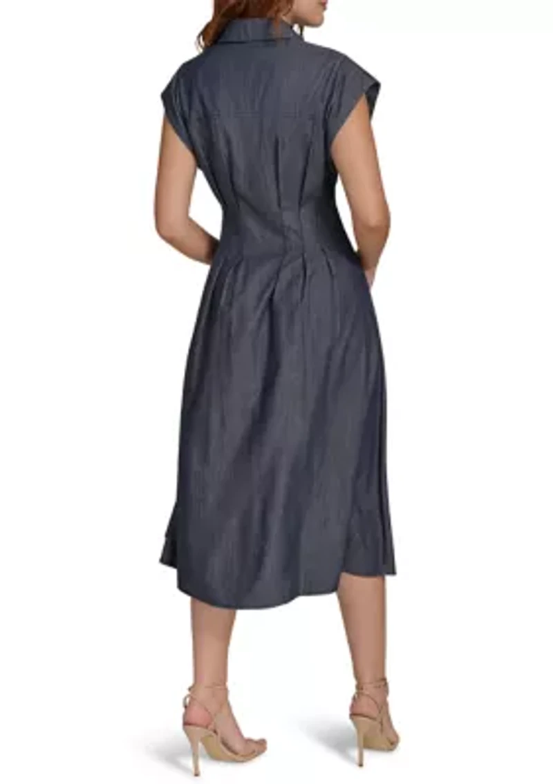 Women's V-Neck Denim Midi Dress