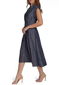 Women's V-Neck Denim Midi Dress