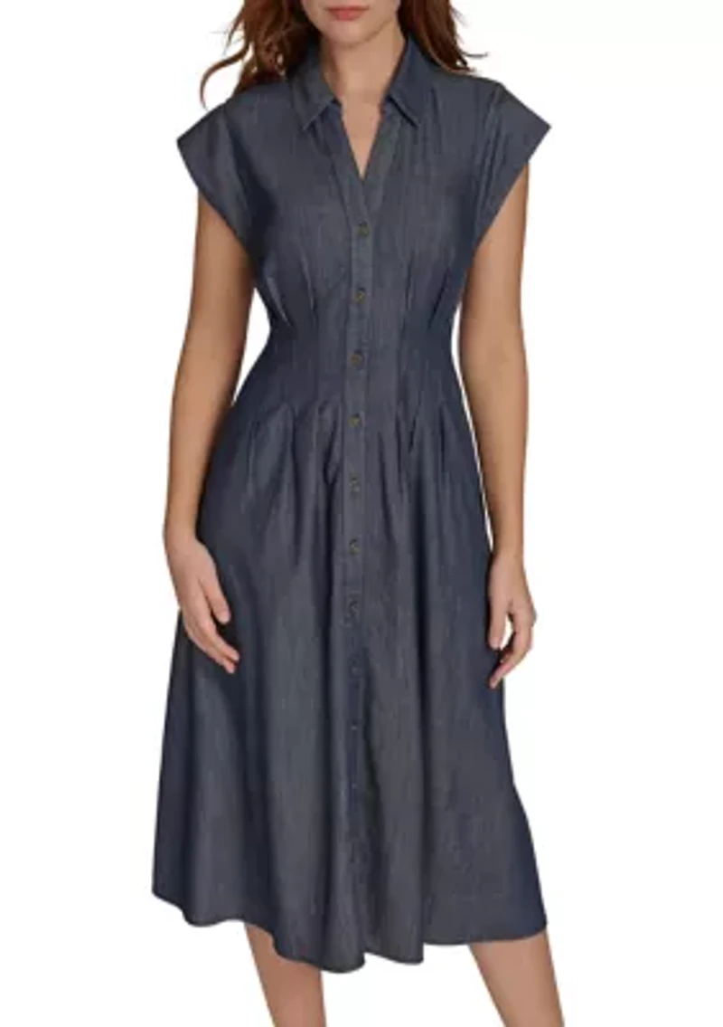Women's V-Neck Denim Midi Dress