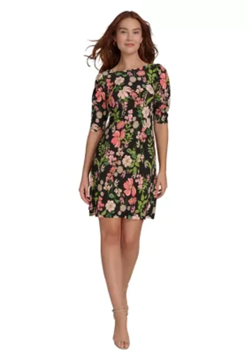 Women's Short Ruched Sleeve Floral Printed Jersey Shift Dress