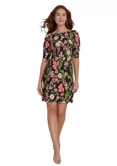 Women's Short Ruched Sleeve Floral Printed Jersey Shift Dress