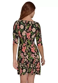 Women's Short Ruched Sleeve Floral Printed Jersey Shift Dress