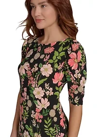 Women's Short Ruched Sleeve Floral Printed Jersey Shift Dress