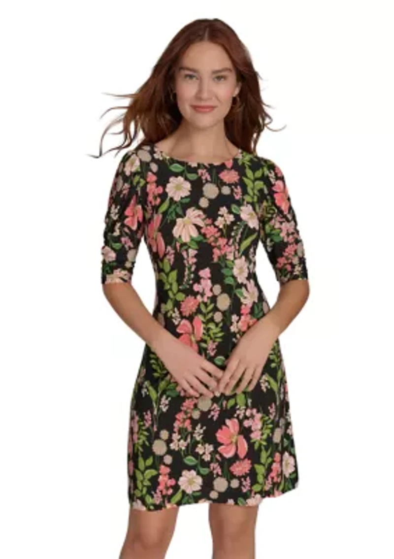 Women's Short Ruched Sleeve Floral Printed Jersey Shift Dress