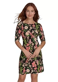 Women's Short Ruched Sleeve Floral Printed Jersey Shift Dress