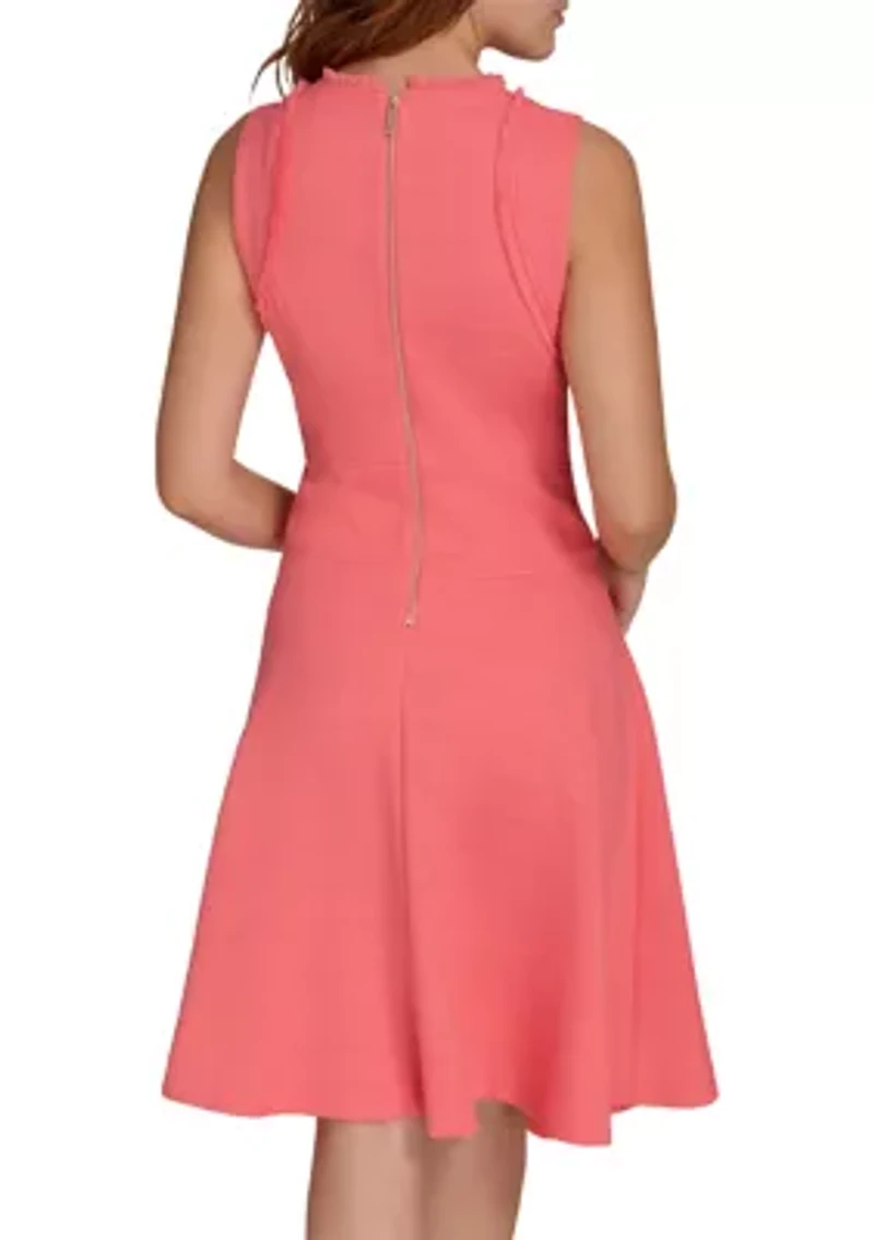 Women's Sleeveless Hopsack Fit and Flare Dress with Fringe Trim