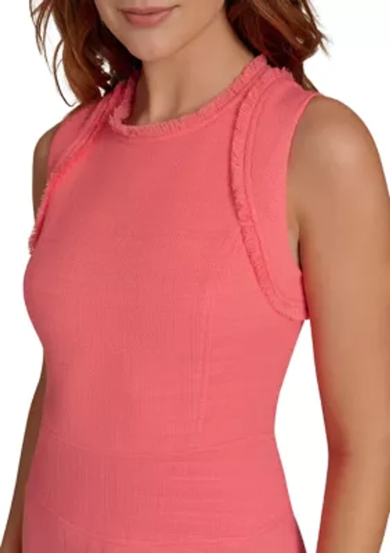 Women's Sleeveless Hopsack Fit and Flare Dress with Fringe Trim