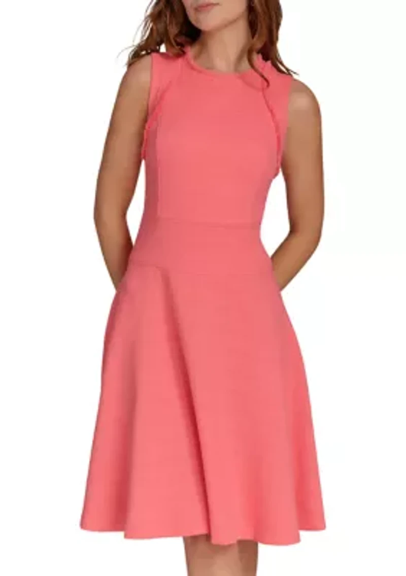 Women's Sleeveless Hopsack Fit and Flare Dress with Fringe Trim