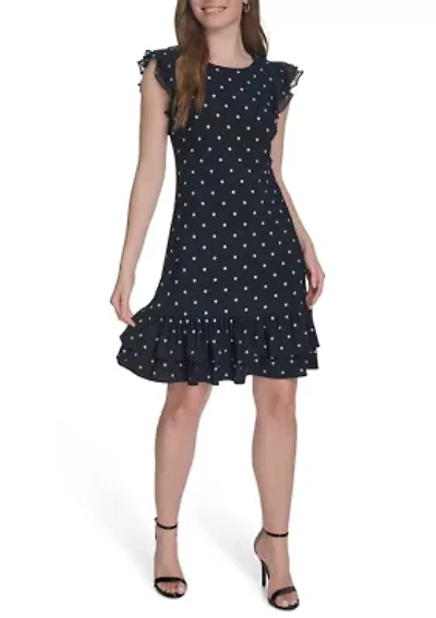 Women's Chiffon Flutter Sleeve Ruffle Hem Jersey Shift Dress