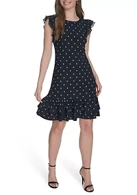 Women's Chiffon Flutter Sleeve Ruffle Hem Jersey Shift Dress