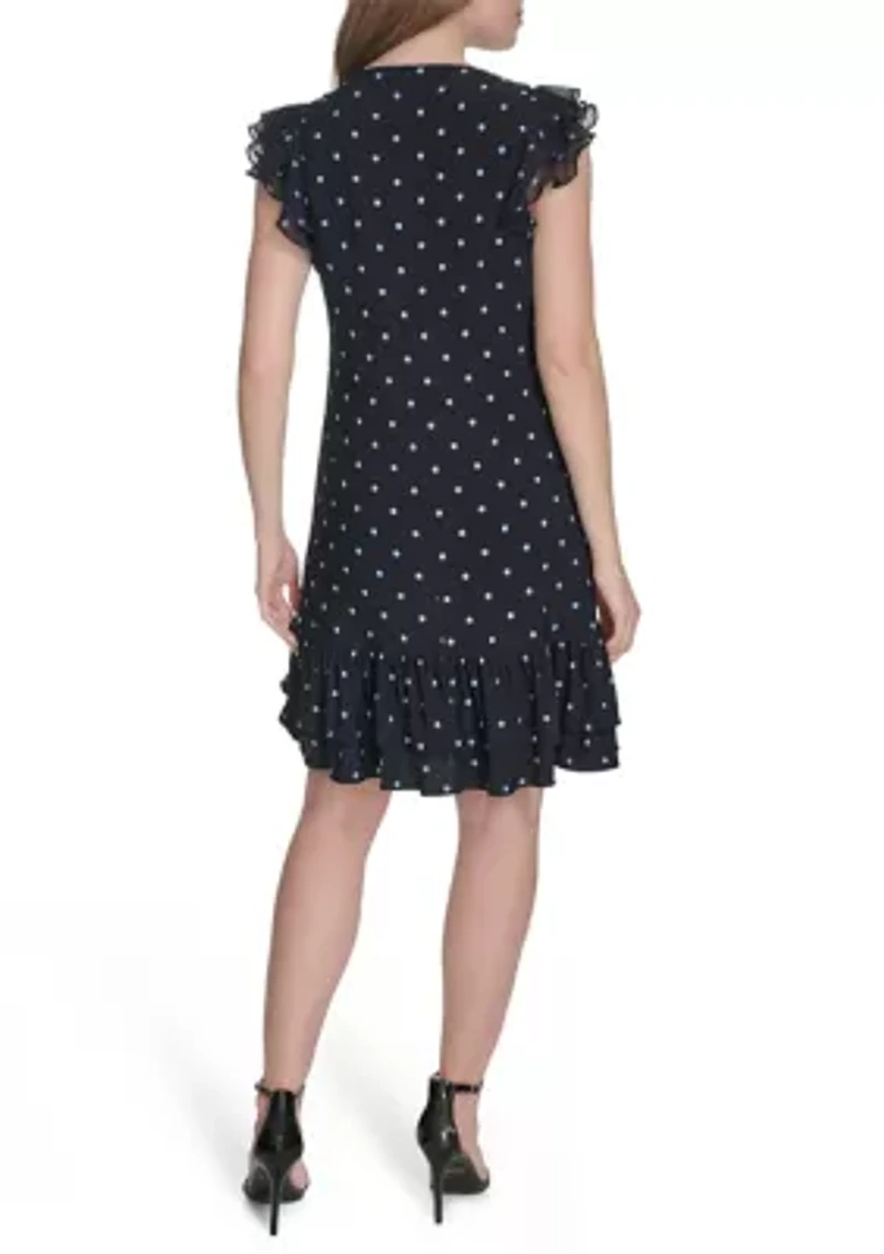 Women's Chiffon Flutter Sleeve Ruffle Hem Jersey Shift Dress