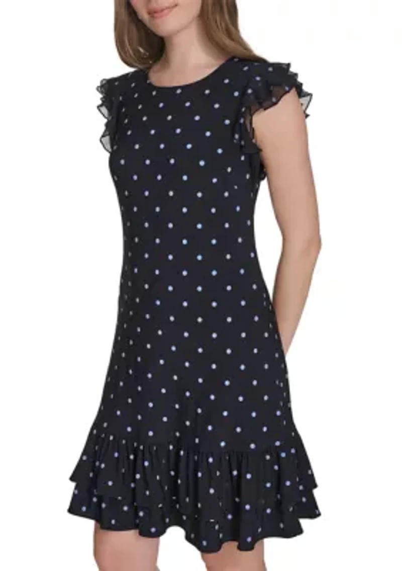 Women's Chiffon Flutter Sleeve Ruffle Hem Jersey Shift Dress