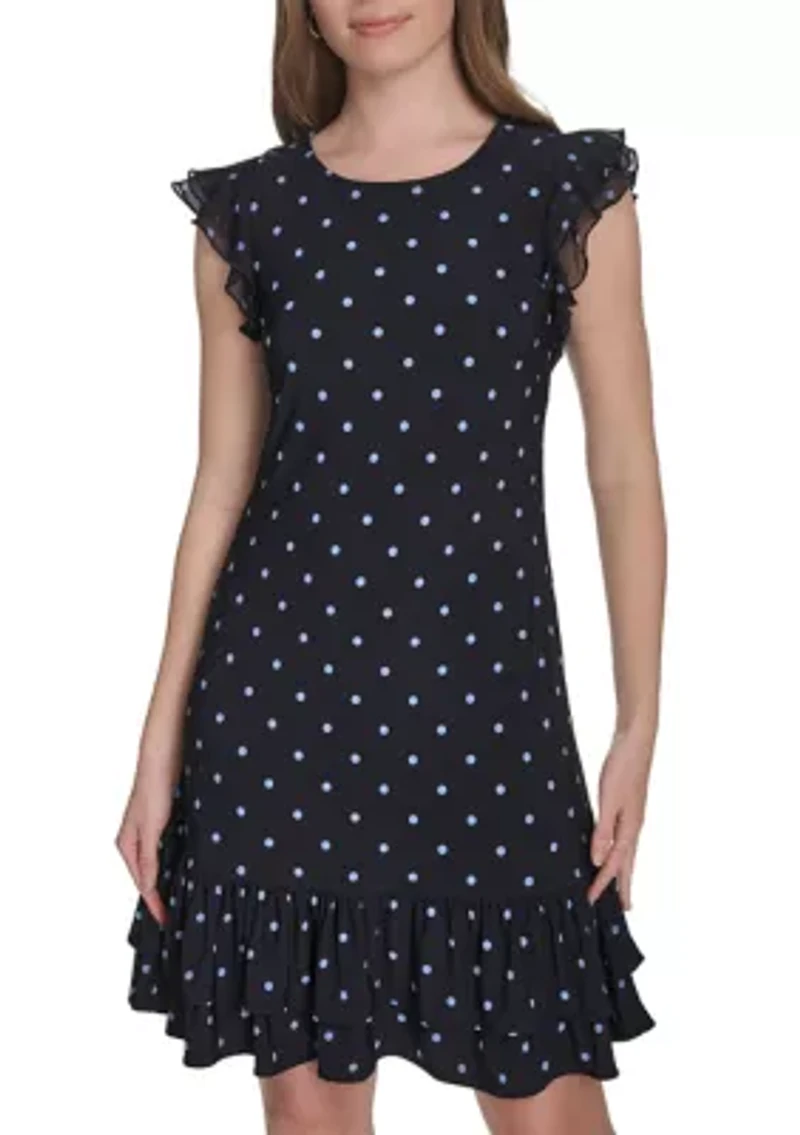 Women's Chiffon Flutter Sleeve Ruffle Hem Jersey Shift Dress