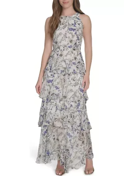 Women's Sleeveless Halter Tiered Chiffon Maxi Dress