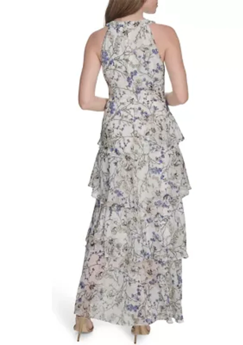 Women's Sleeveless Halter Tiered Chiffon Maxi Dress