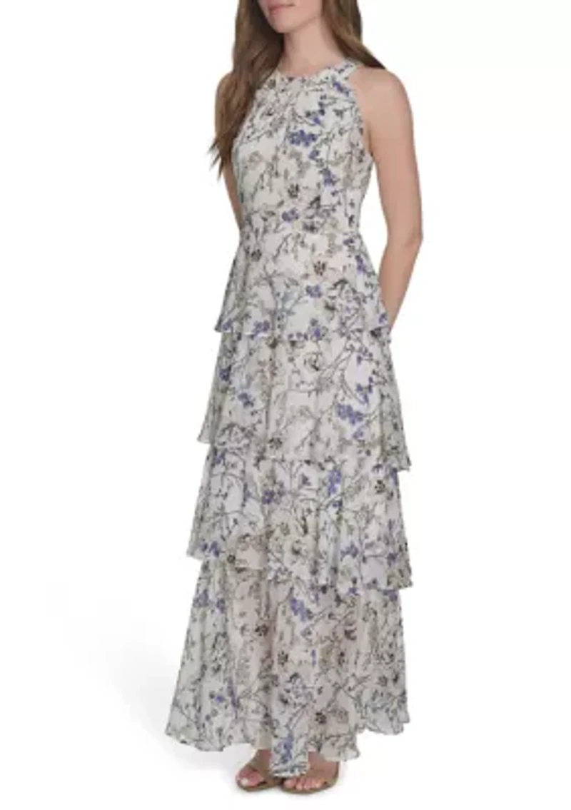 Women's Sleeveless Halter Tiered Chiffon Maxi Dress