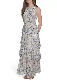 Women's Sleeveless Halter Tiered Chiffon Maxi Dress